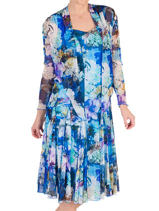 Chesca Floral Print Mesh Dress and Bolero, Blue/Multi