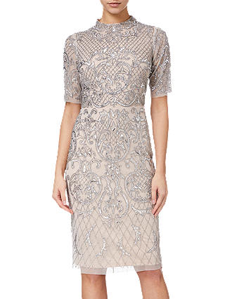 Adrianna Papell Beaded Short Funnel Neck Dress, Silver/Nude