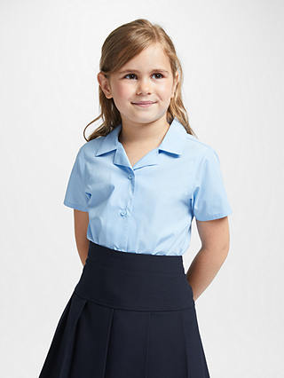 John Lewis & Partners Girls' Easy Care Open Neck Short Sleeve School Blouse, Pack of 2, Blue
