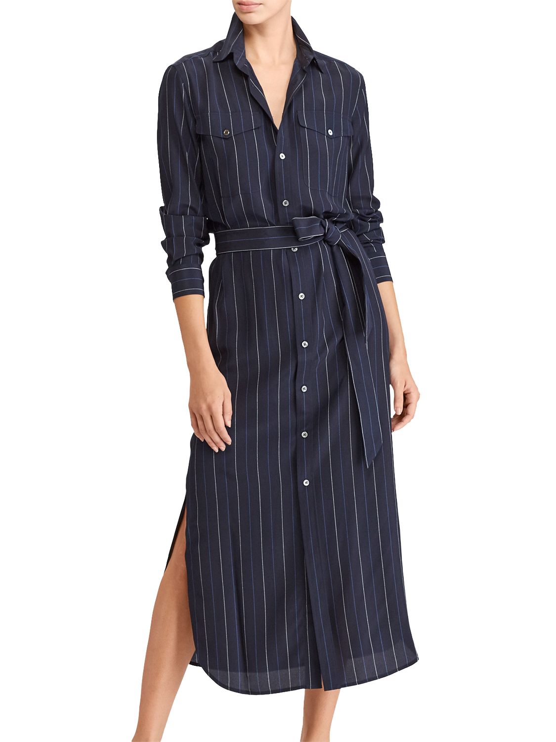 Polo Ralph Lauren Pinstripe Silk Shirt Dress, Navy at John Lewis & Partners