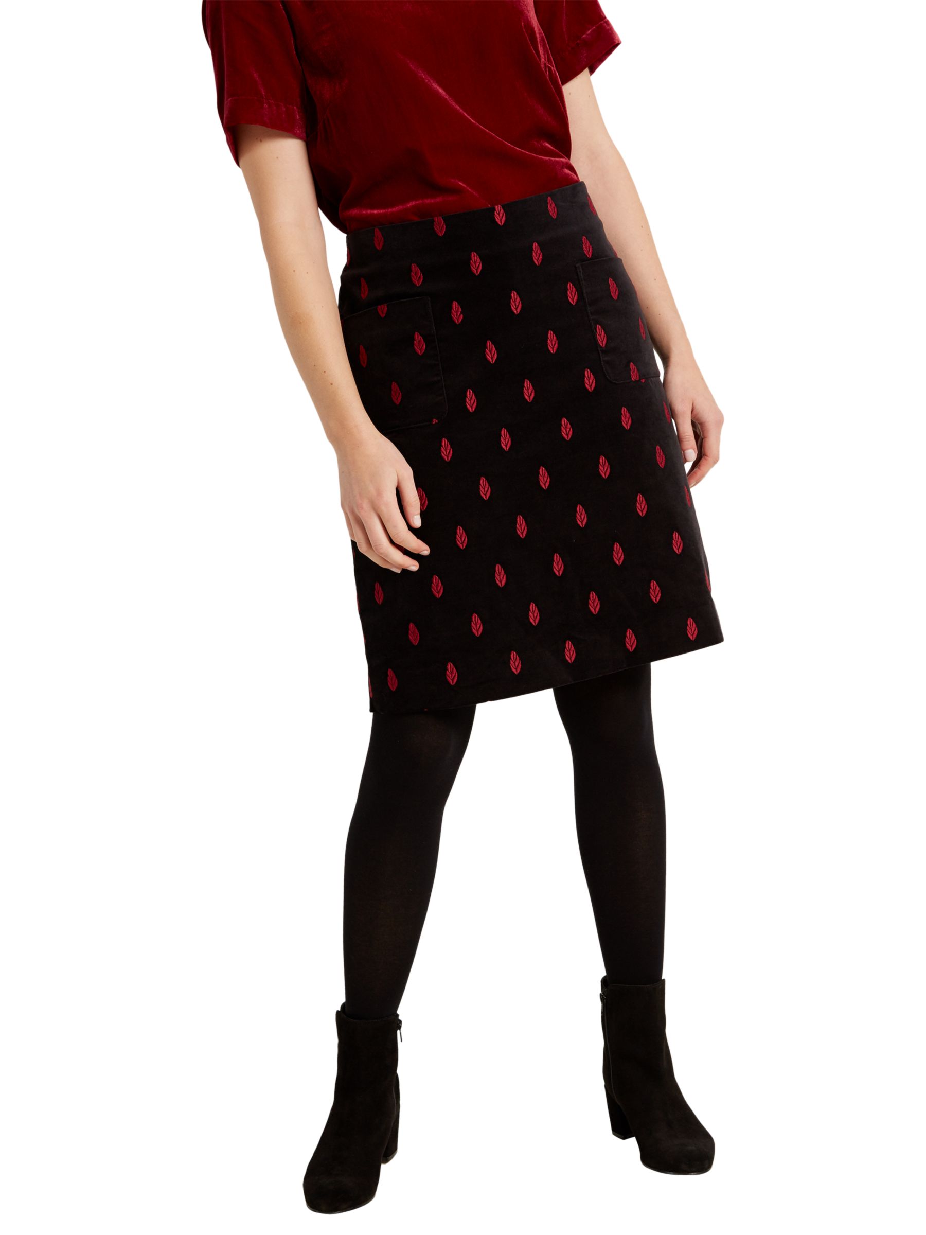 White Stuff Fireside Embroidered Velvet Skirt, Black/Red at John Lewis ...