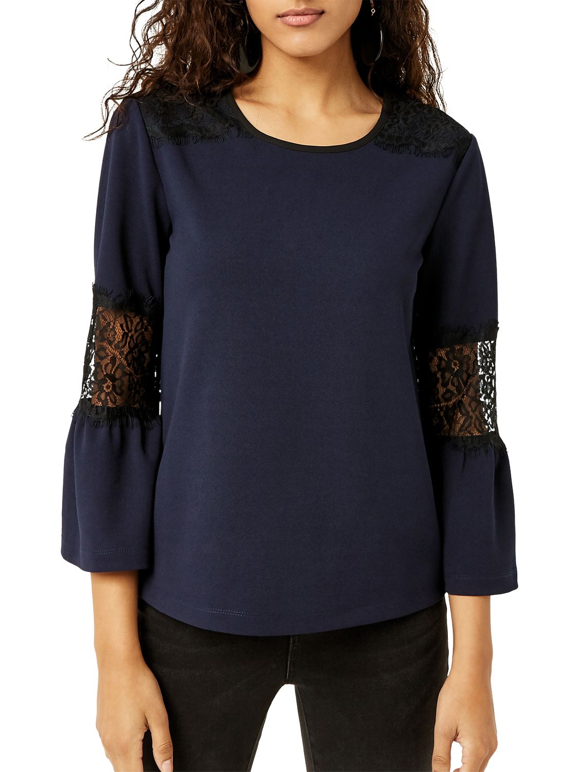 Warehouse Lace Insert Crepe Top, Navy