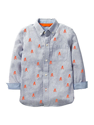 Mini Boden Boys' Skull Embroidered Shirt, Blue/Orange
