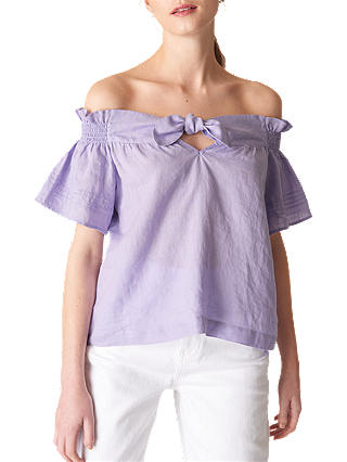 Whistles Tie Front Bardot Linen Top, Lilac