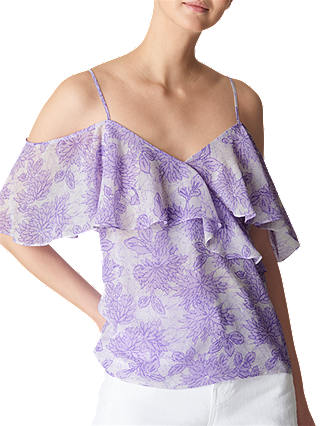 Whistles Cold Shoulder Print Frill Top, Lilac