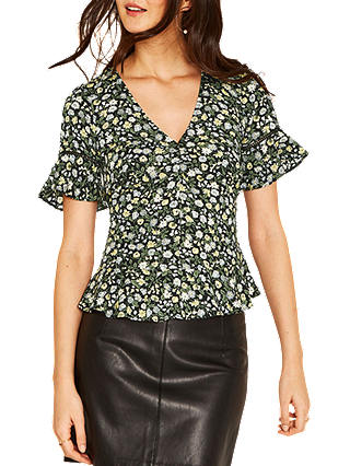 Oasis Ditsy Ruched Front Frill Top