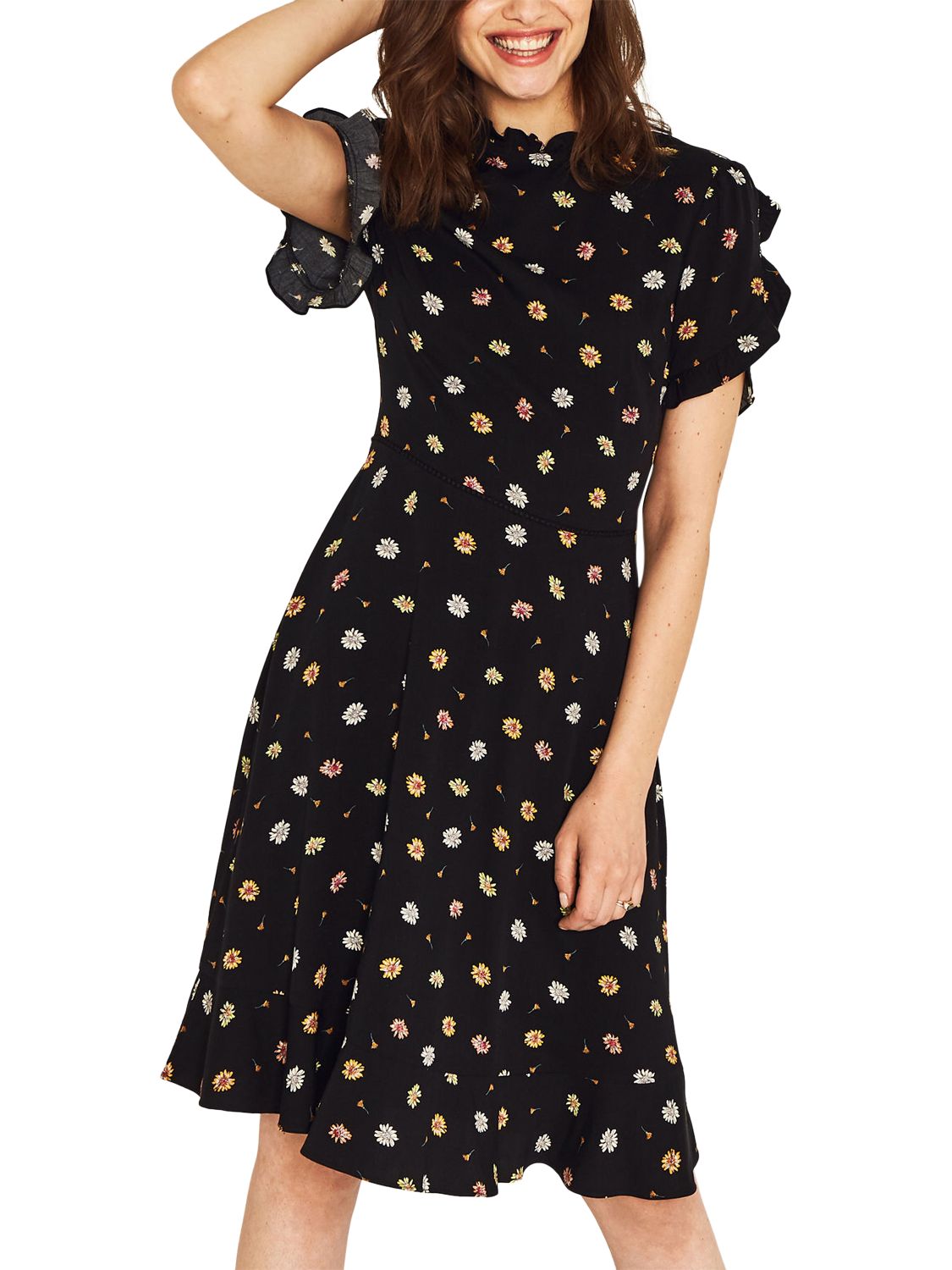 black daisy print frill tea dress