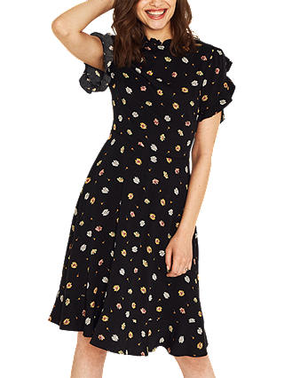 Oasis Frill Sleeve Daisy Print Tea Dress, Black/Multi