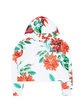 Hype Girls' Floral Print Cropped Hoodie, White/Orange/Green