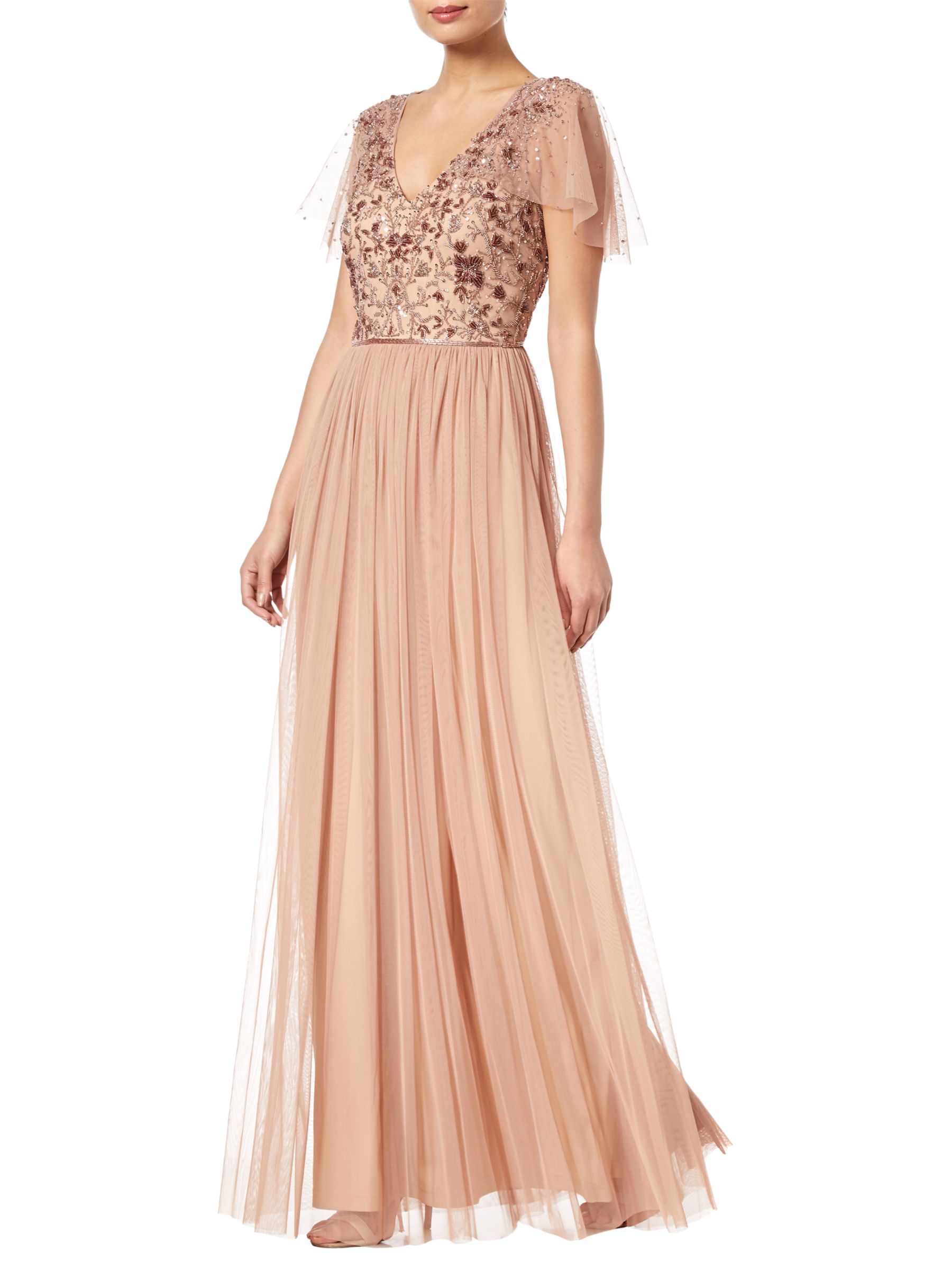 Adrianna Papell Long Beaded Dress, Rose Gold at John Lewis & Partners