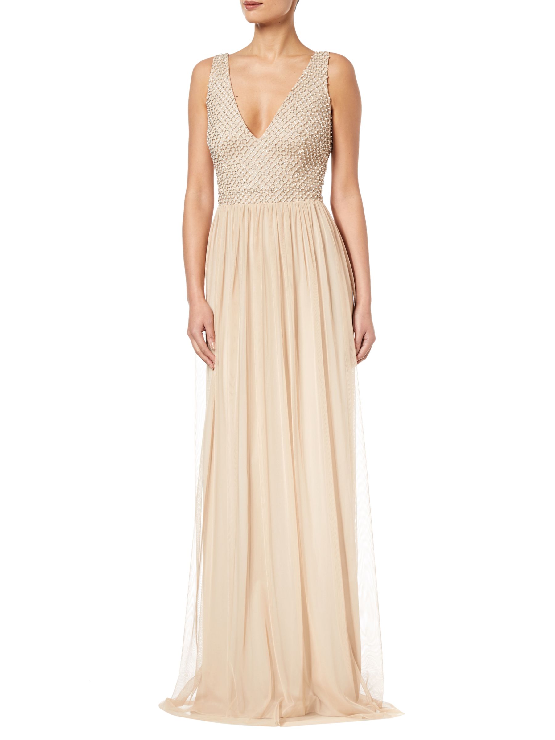 Adrianna Papell Plus Beaded V-Neck Dress, Champagne at John Lewis ...