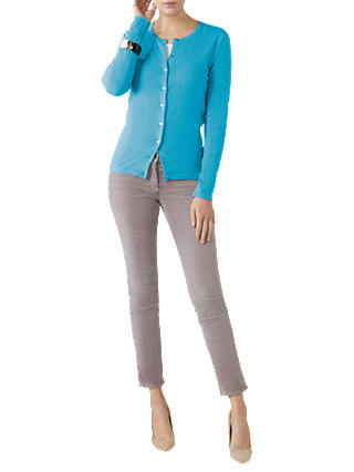 Pure Collection Crew Neck Cashmere Cardigan, Soft Turquoise