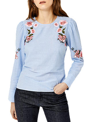 Warehouse Stripe Floral Embroidered Top, Blue