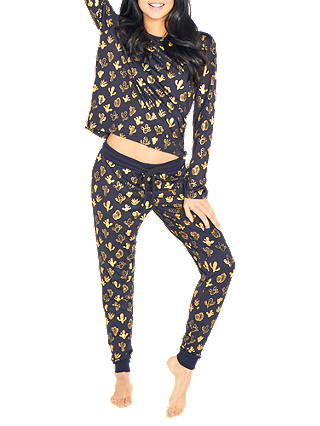 Chelsea Peers Cactus Print Jersey Pyjama Set, Navy/Gold