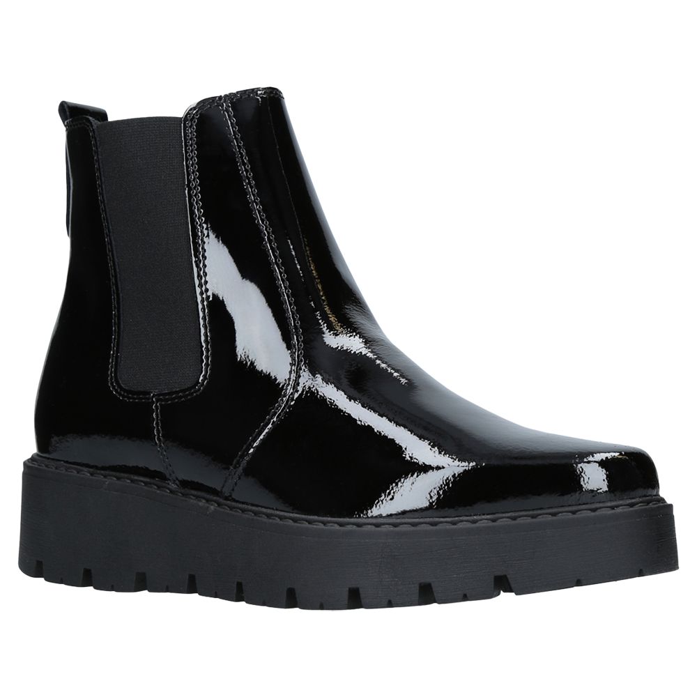 Kurt Geiger Stompton Flatform Ankle Boots, Black Patent Leather at John ...