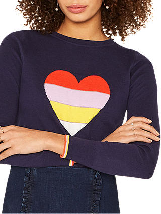 Oasis Rainbow Intarsia Heart Knit Jumper, Navy