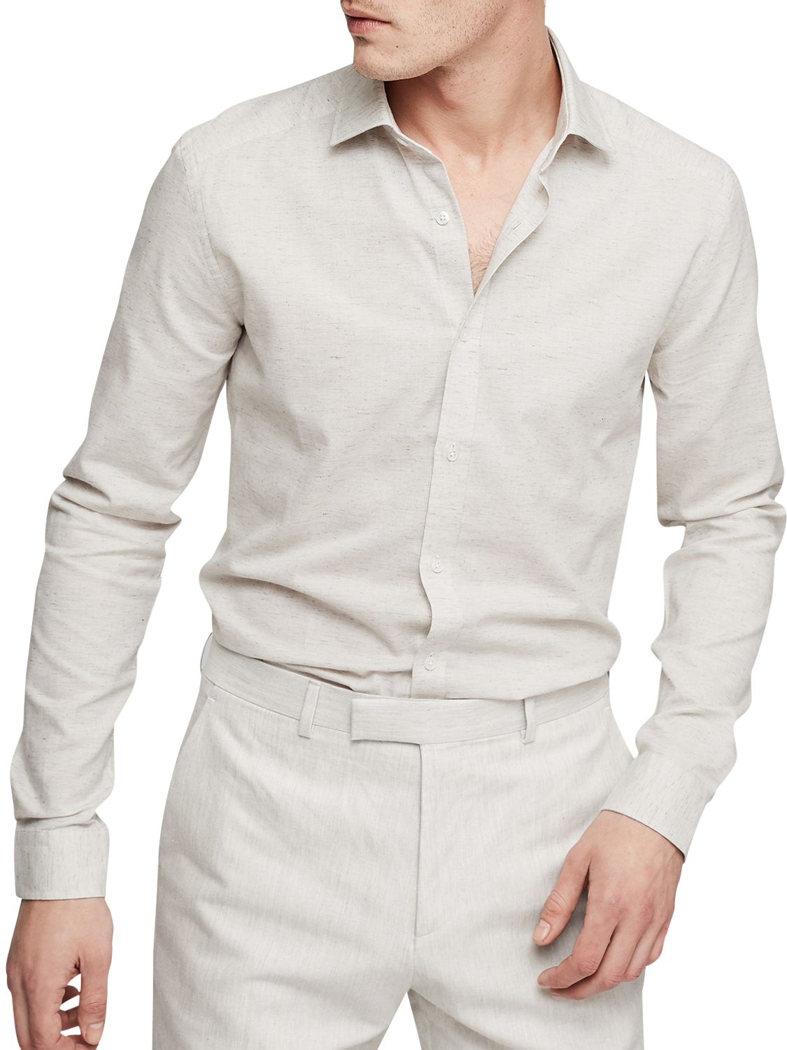 Reiss Cody Cotton Linen Melange Weave Slim Fit Shirt, Stone, XL