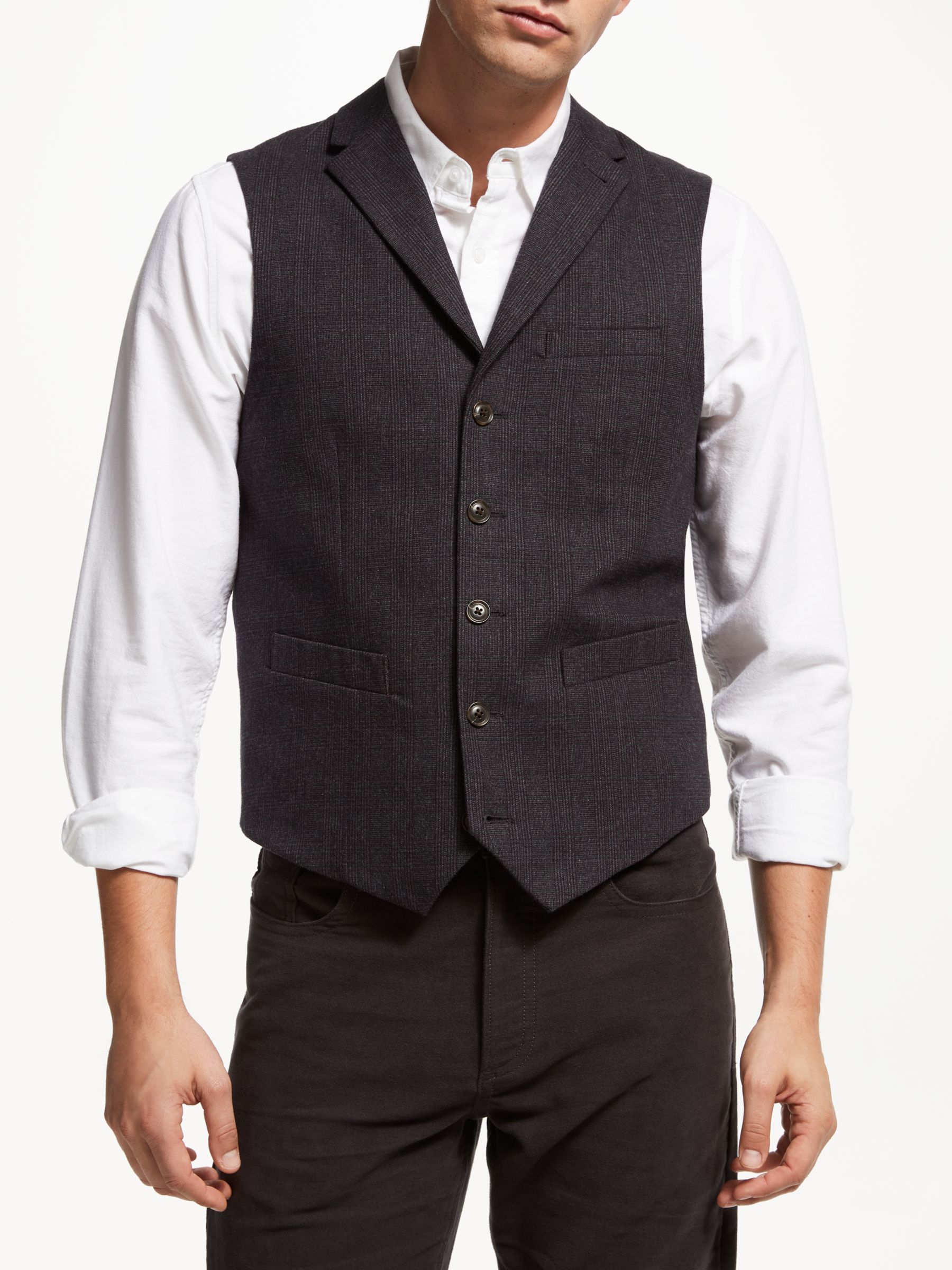 John Lewis & Partners Brushed Cotton Check Waistcoat, Charcoal