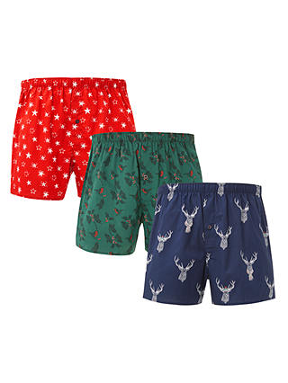 John Lewis & Partners Stag Print Cotton Boxers, Pack of 3, Green/Red/Blue