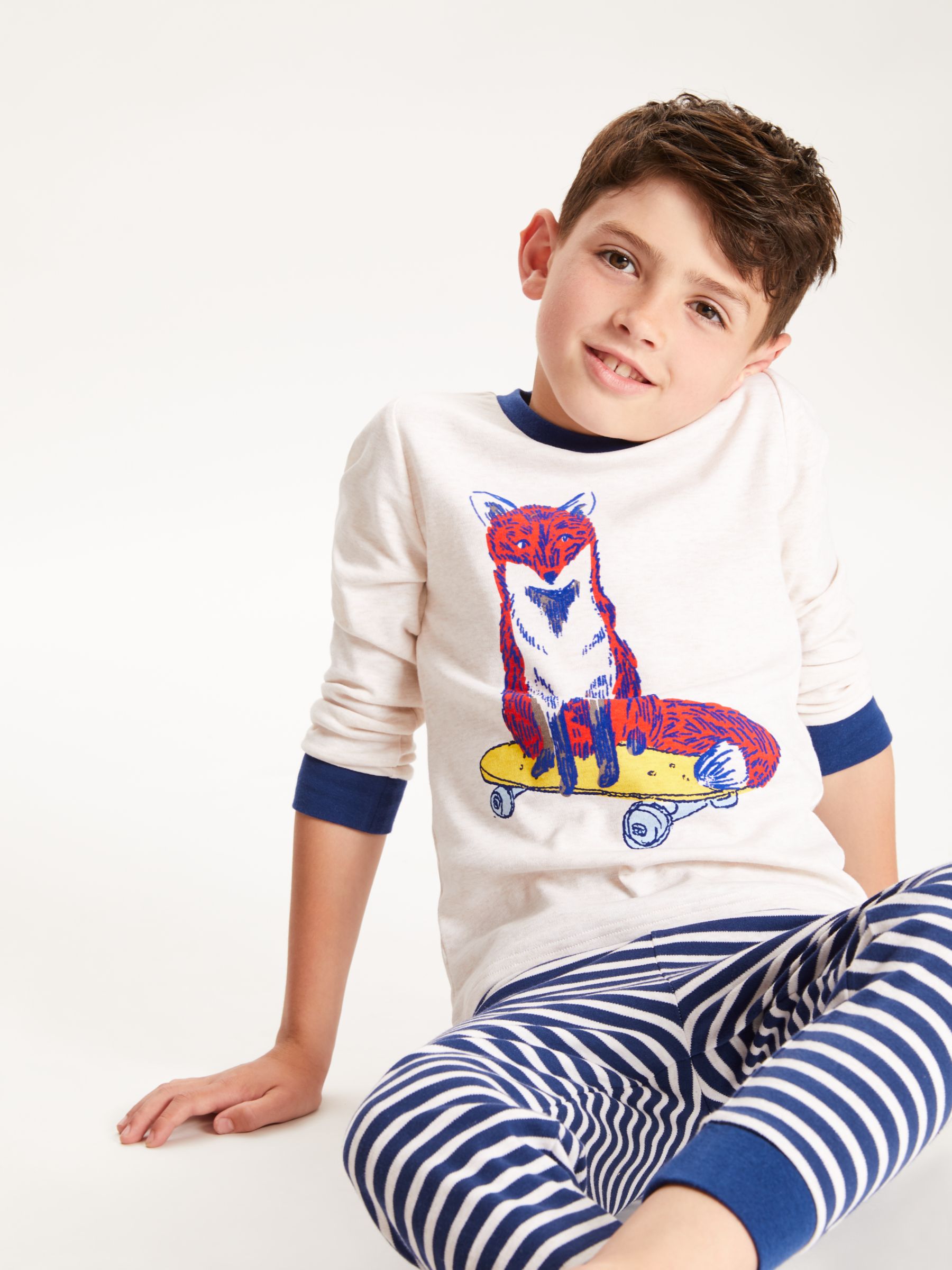John Lewis & Partners Boys' Pyjamas Fox Pyjamas, Pack of 2, White/Blue