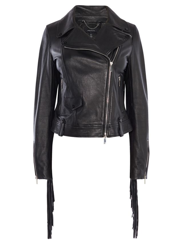 Karen Millen Fringed Leather Biker Jacket, Black, 6