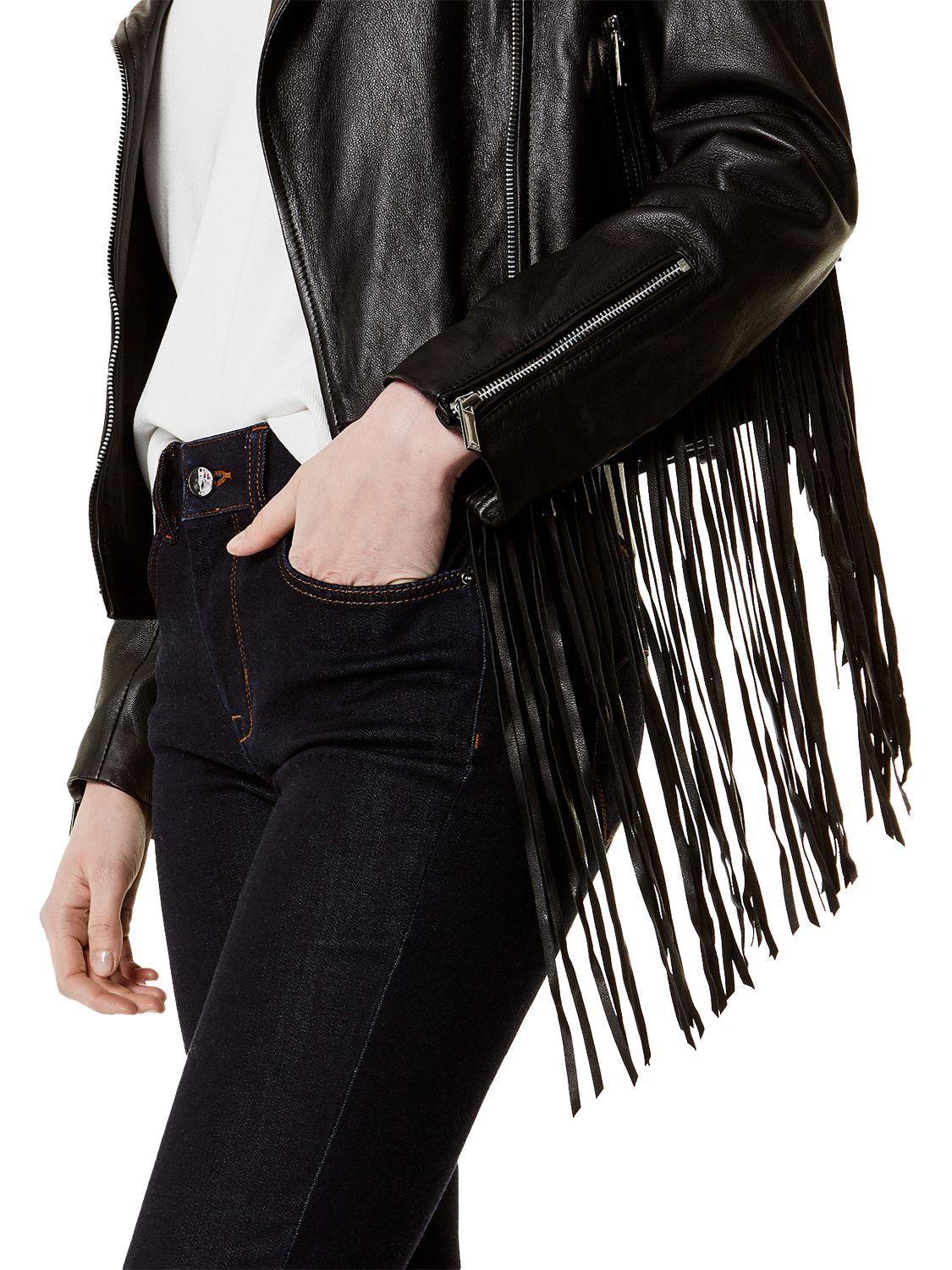 Karen Millen Fringed Leather Biker Jacket, Black, 6