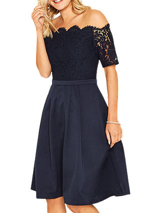 Oasis Lace Top Bardot 2 in 1 Skater Dress, Navy