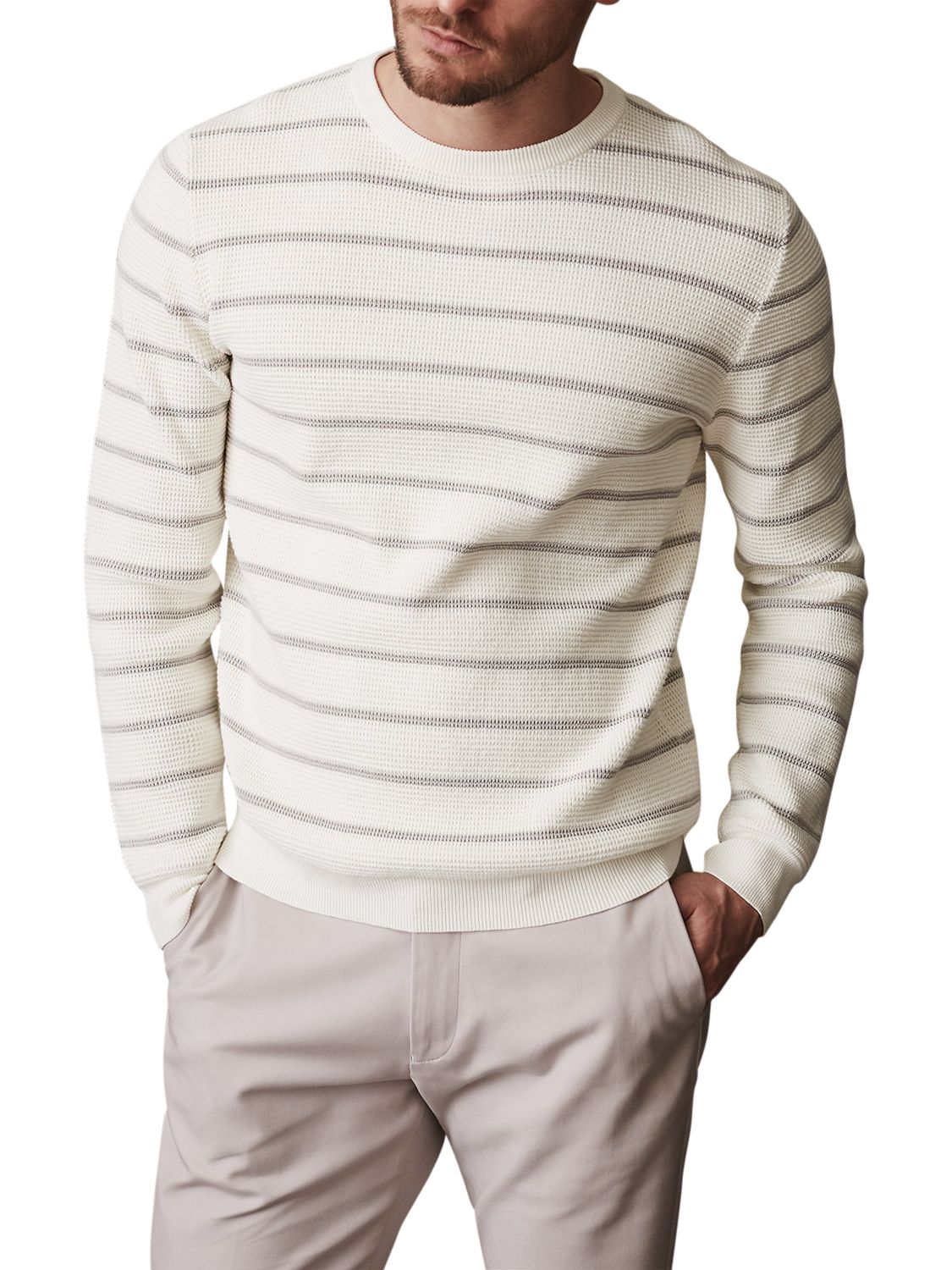 Reiss Samson Stripe Crew Neck Jumper, Ecru/Soft Grey