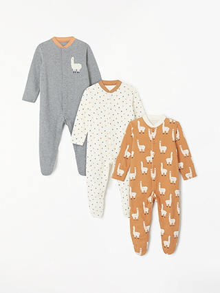 John Lewis & Partners Baby Long Sleeve GOTS Organic Cotton Llama Sleepsuit, Pack of 3, Grey/Multi