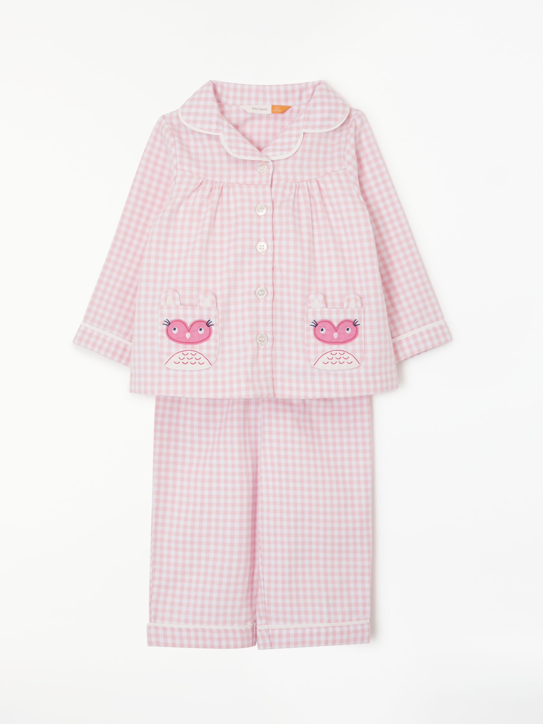 John Lewis & Partners Baby Owl Gingham Pyjamas, Pink at John Lewis ...