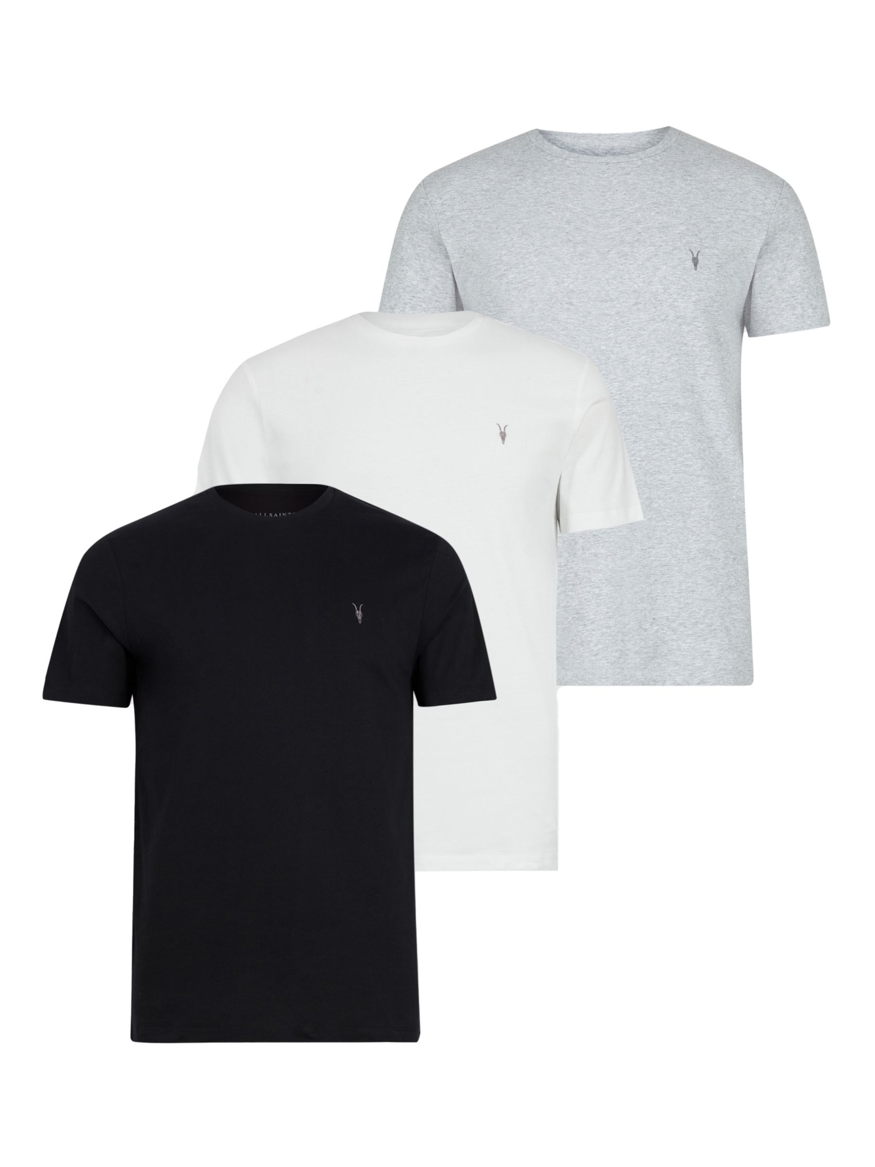 AllSaints Tonic Crew Neck T-Shirt, Pack of 3, White/Black/Grey, XS