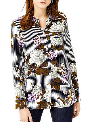 Warehouse Molly Floral Long Sleeved Shirt, Neutral Stripe