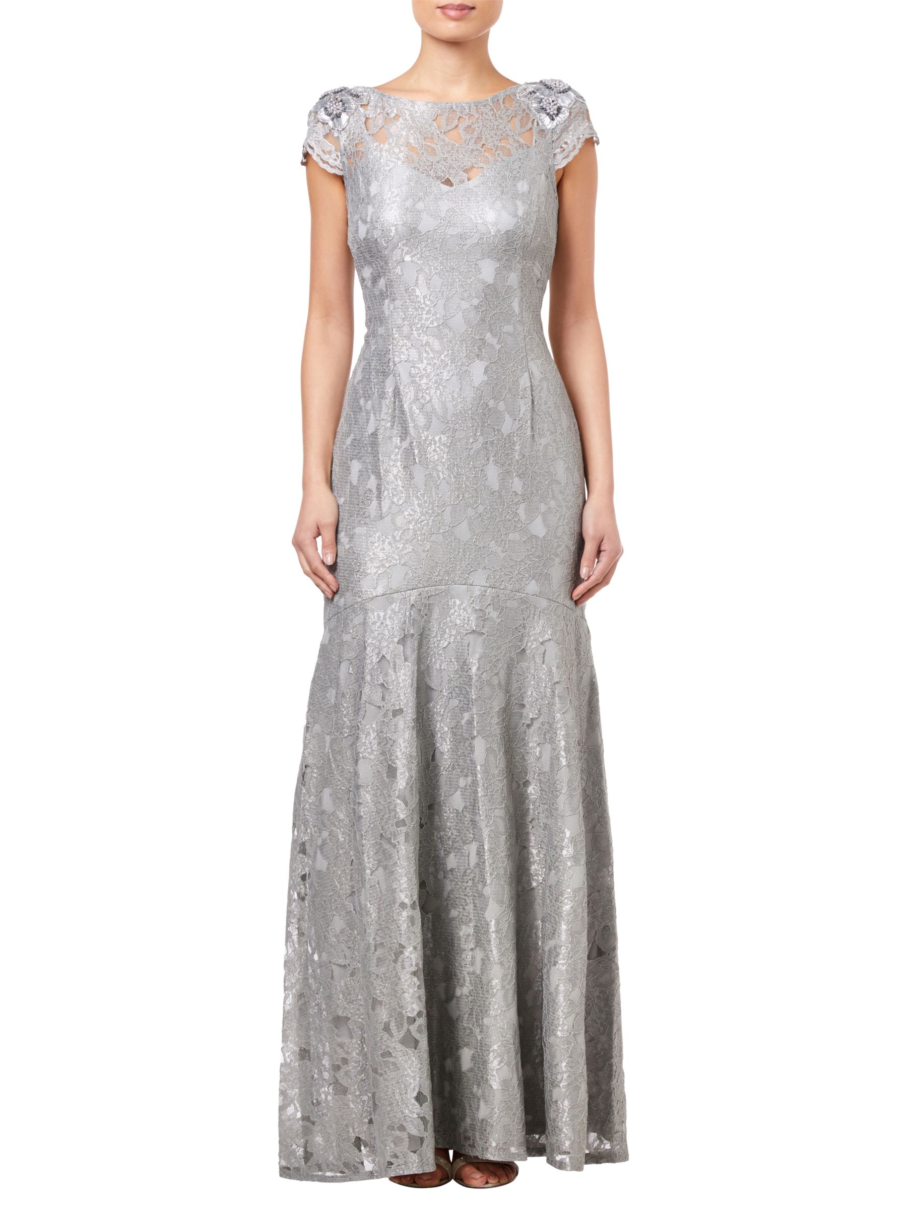 Adrianna Papell Long Metallic Lace Dress, Silver Slate