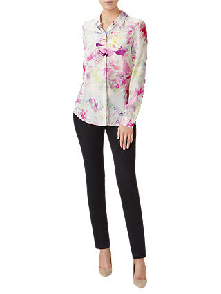 Pure Collection Floral Relaxed Washed Silk Blouse, White/Multi