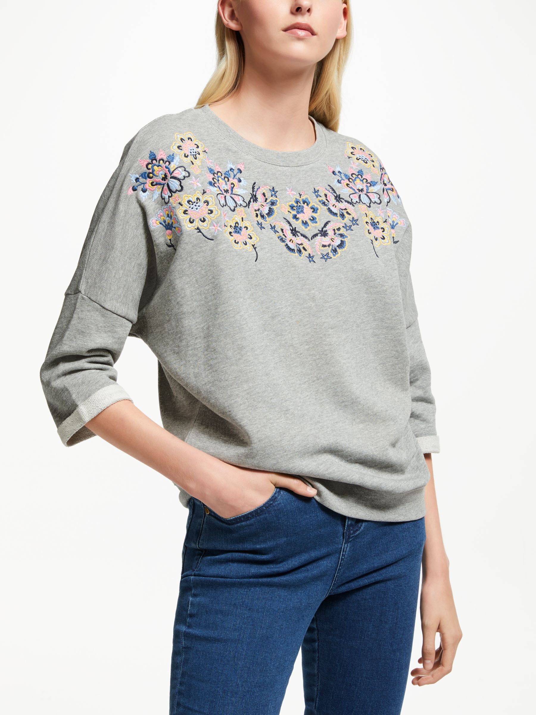 Collection WEEKEND by John Lewis Floral Embroidered Drop Sleeve Sweat Top, Grey Marl