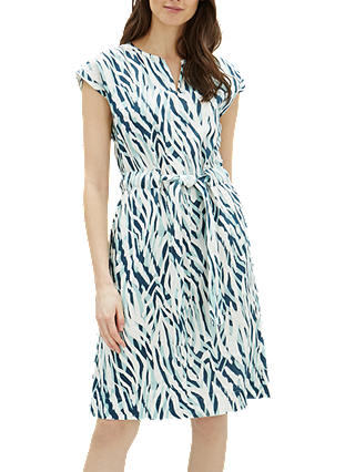 Jaeger Zebra Print Linen Tie Waist Dress, Aqua/Multi