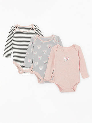 John Lewis & Partners Baby GOTS Organic Cotton Cat Face Long Sleeve Bodysuits, Pack of 3, Pink/Multi