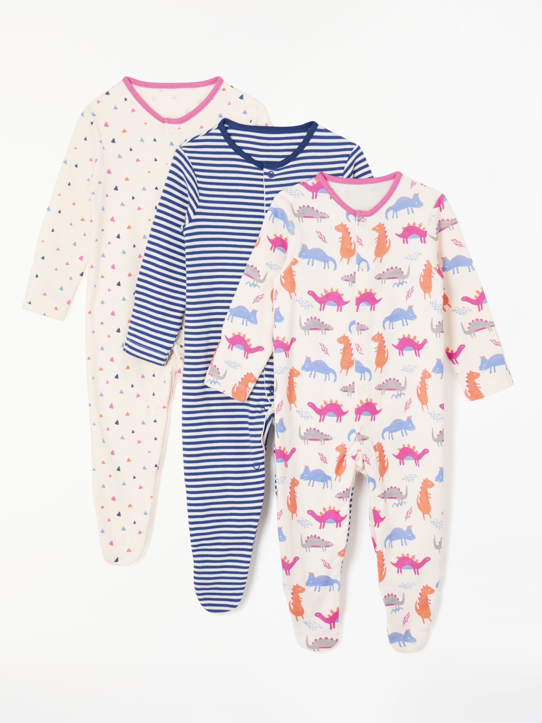 John Lewis & Partners Baby Dino GOTS Organic Cotton Sleepsuit, Pack of 3, Multi