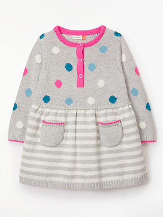 John Lewis & Partners Baby Stripe and Spot Knitted Dress, Grey
