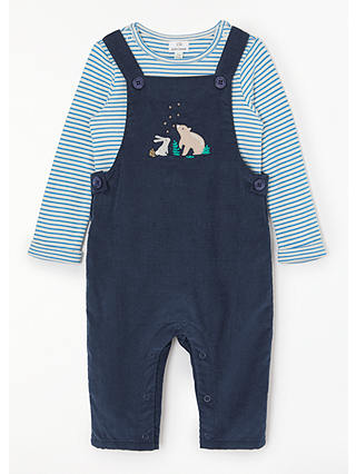 John Lewis & Partners Baby Cord Stripe Bunny Dungaree and Top Set, Navy