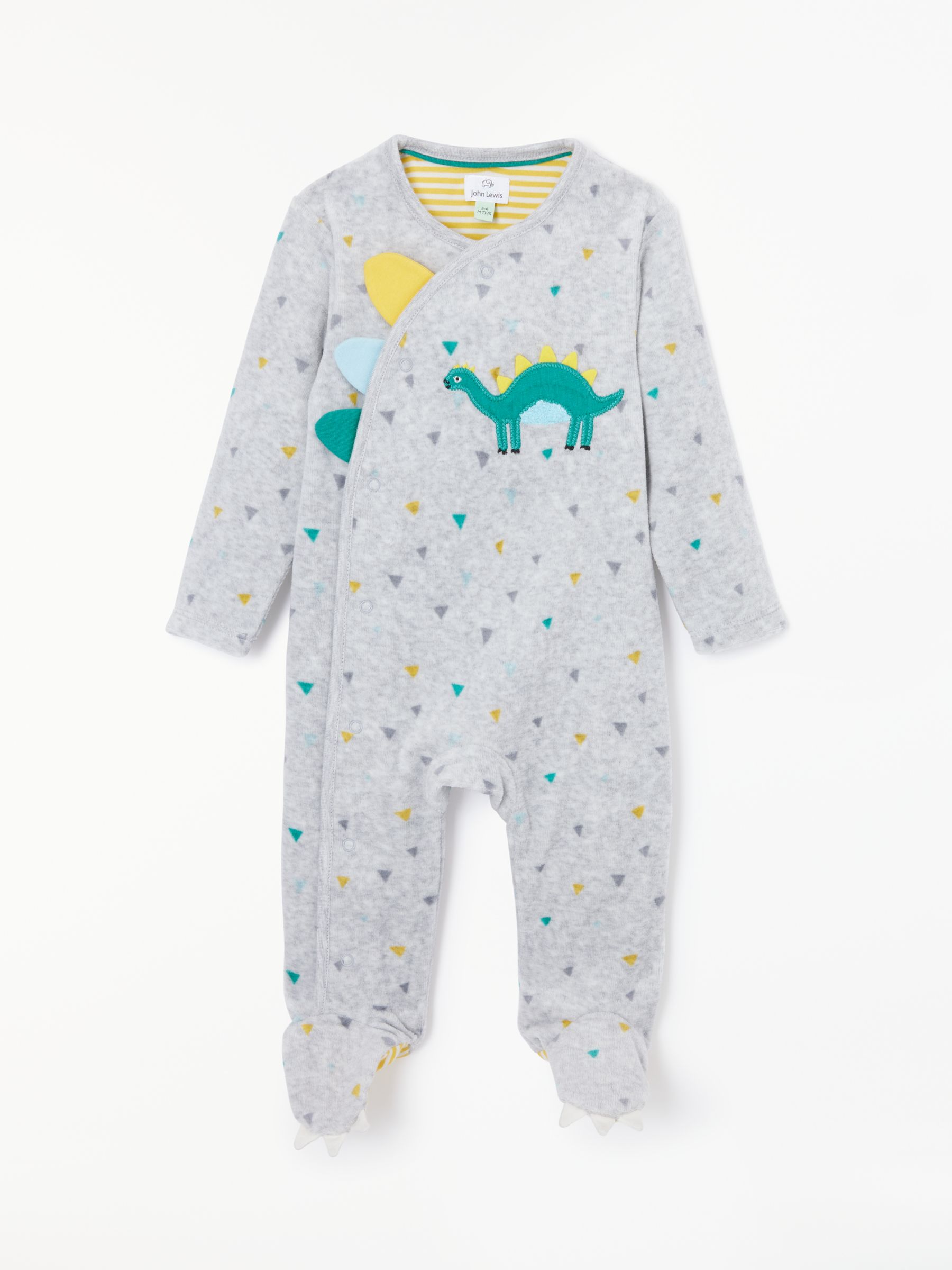 John Lewis & Partners Baby Velour Dino Spike Sleepsuit, Grey
