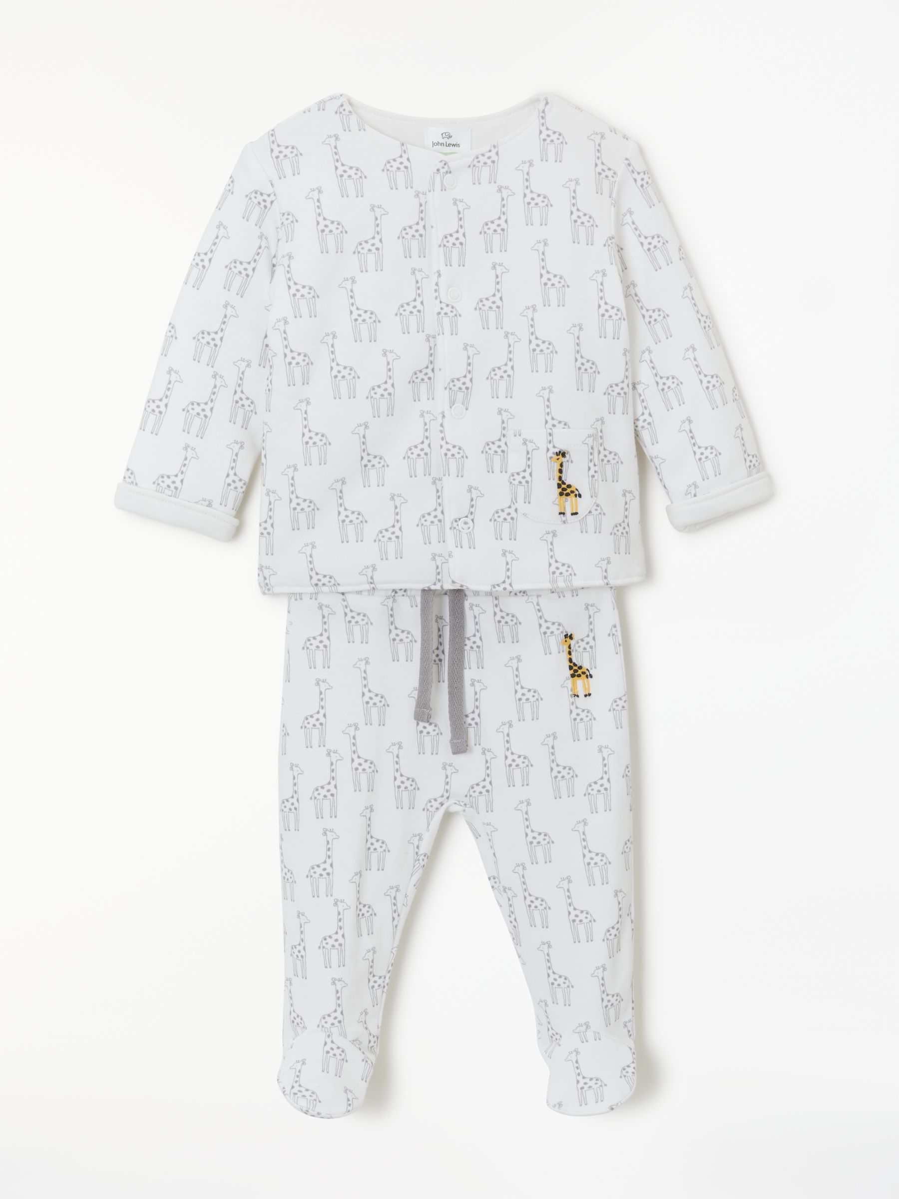 John Lewis & Partners Baby GOTS Organic Cotton Giraffe Wadded Jacket & Leggings Set, White/Grey