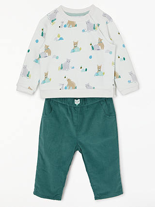 John Lewis & Partners Baby Bear and Rabbit Print Sweatshirt and Trouser Set, Green/Multi
