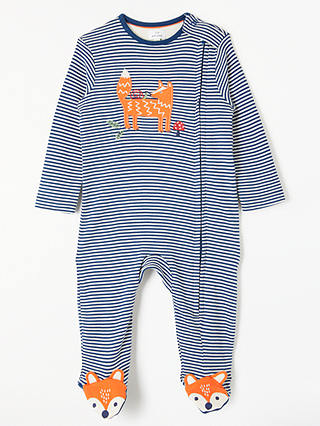 John Lewis & Partners Baby Jersey GOTS Organic Cotton Fox Zip Sleepsuit, Blue