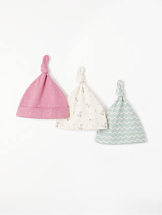 John Lewis & Partners Baby Knotted Hat, Pack of 3, Pink/Multi