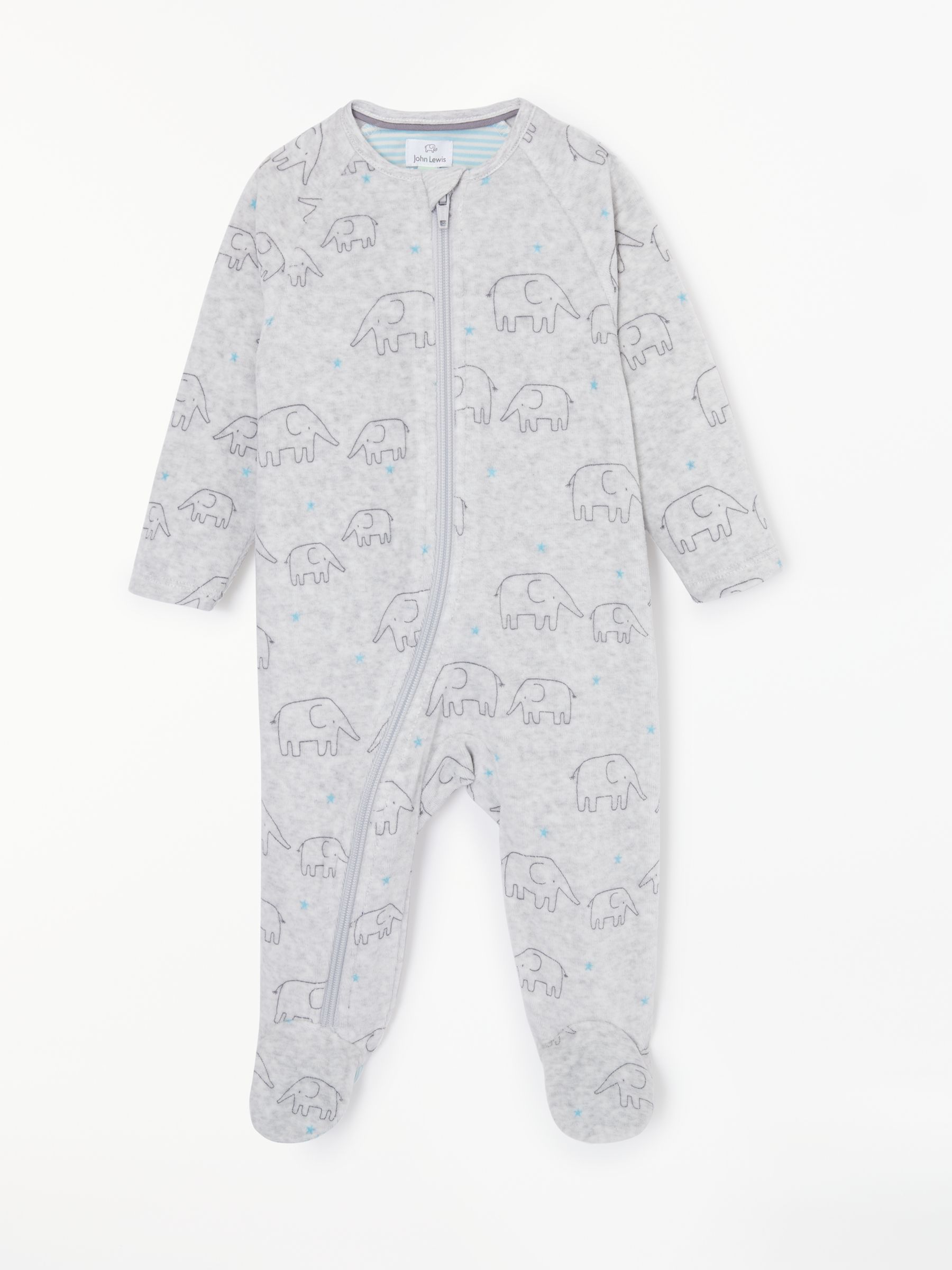 John Lewis & Partners Baby Velour Elephant Sleepsuit, Grey