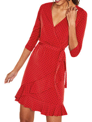 Oasis Spot Ruffle Hem Wrap Dress, Multi/Red