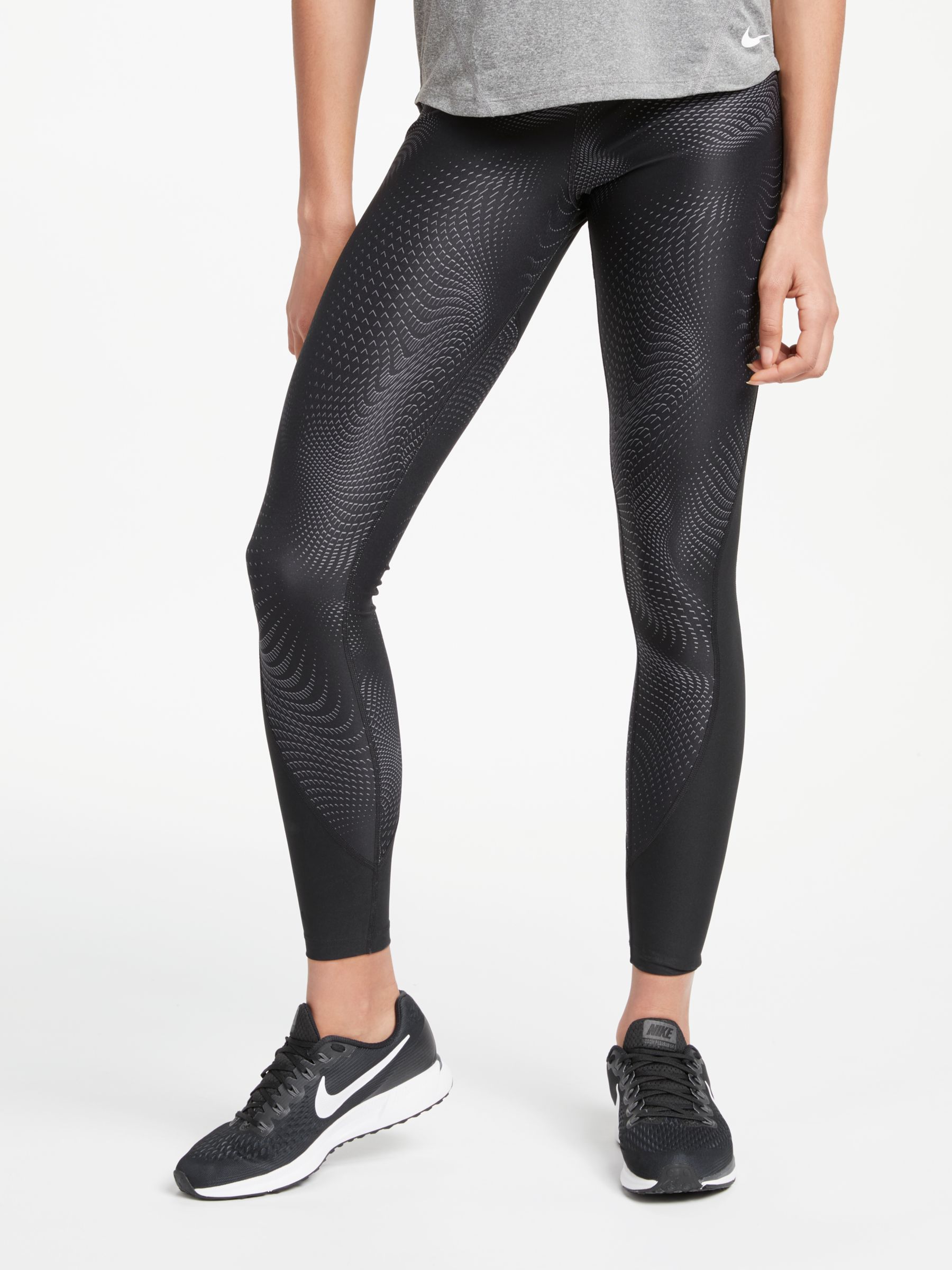 nike training power leggings in black print with mesh panels