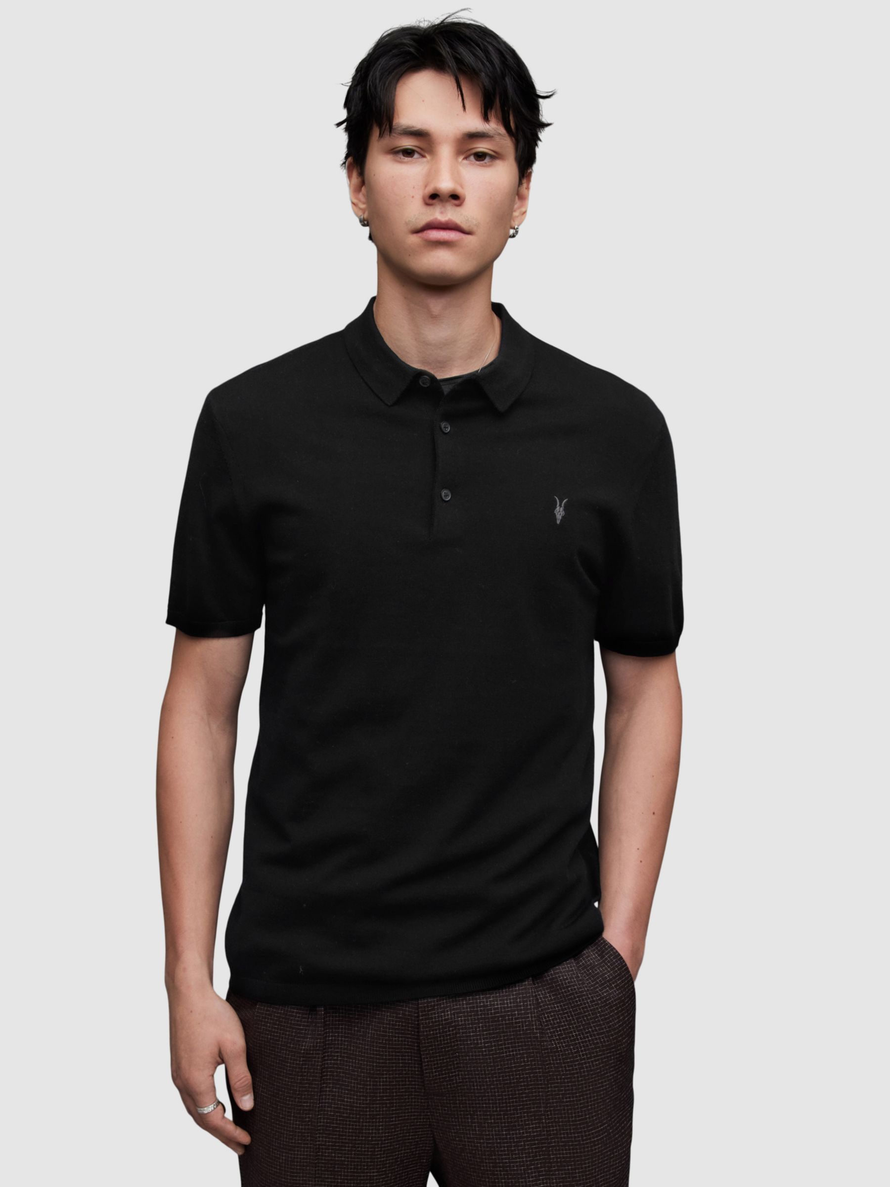 AllSaints Mode Merino Short Sleeve Polo Shirt, Black, XS