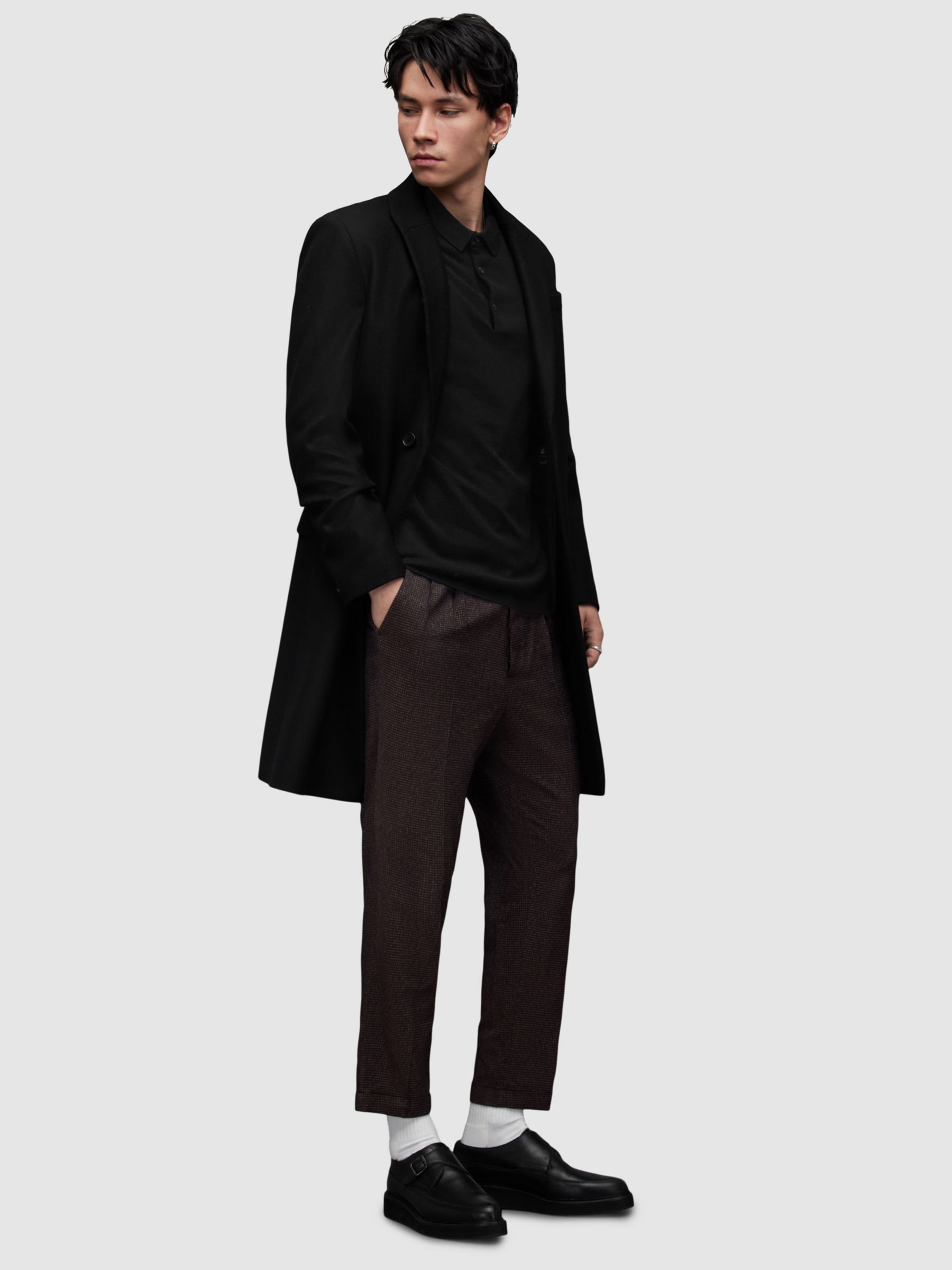 AllSaints Mode Merino Short Sleeve Polo Shirt, Black, XS